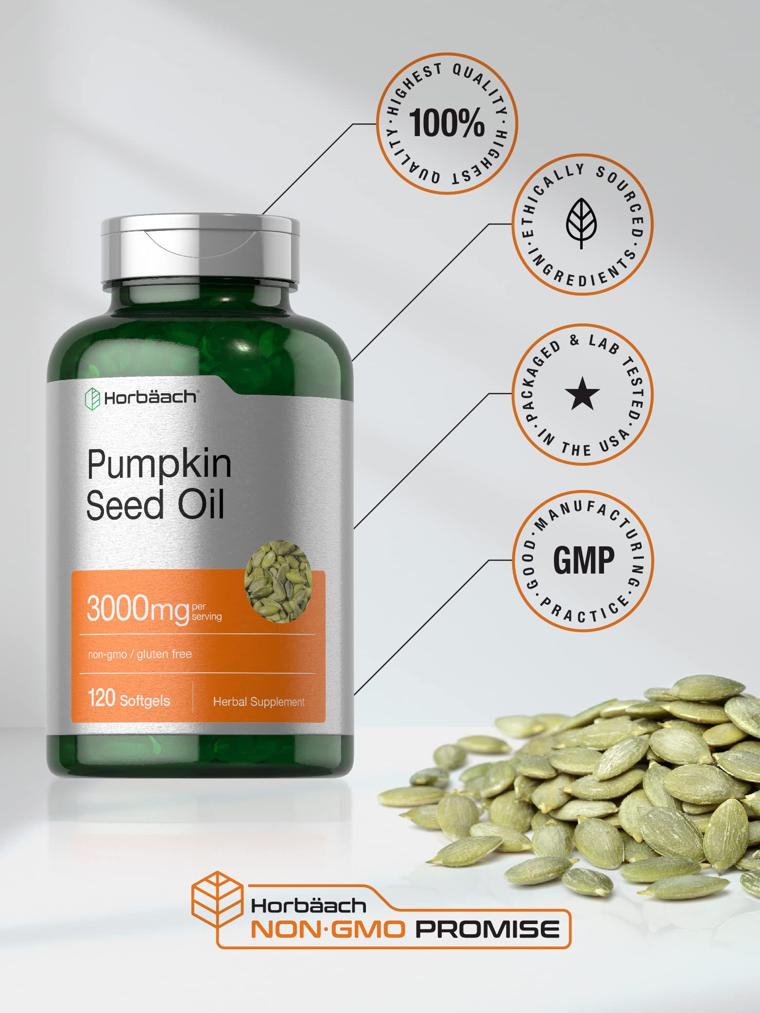 Packaging of Horbäach Pumpkin Seed Oil 120 softgels