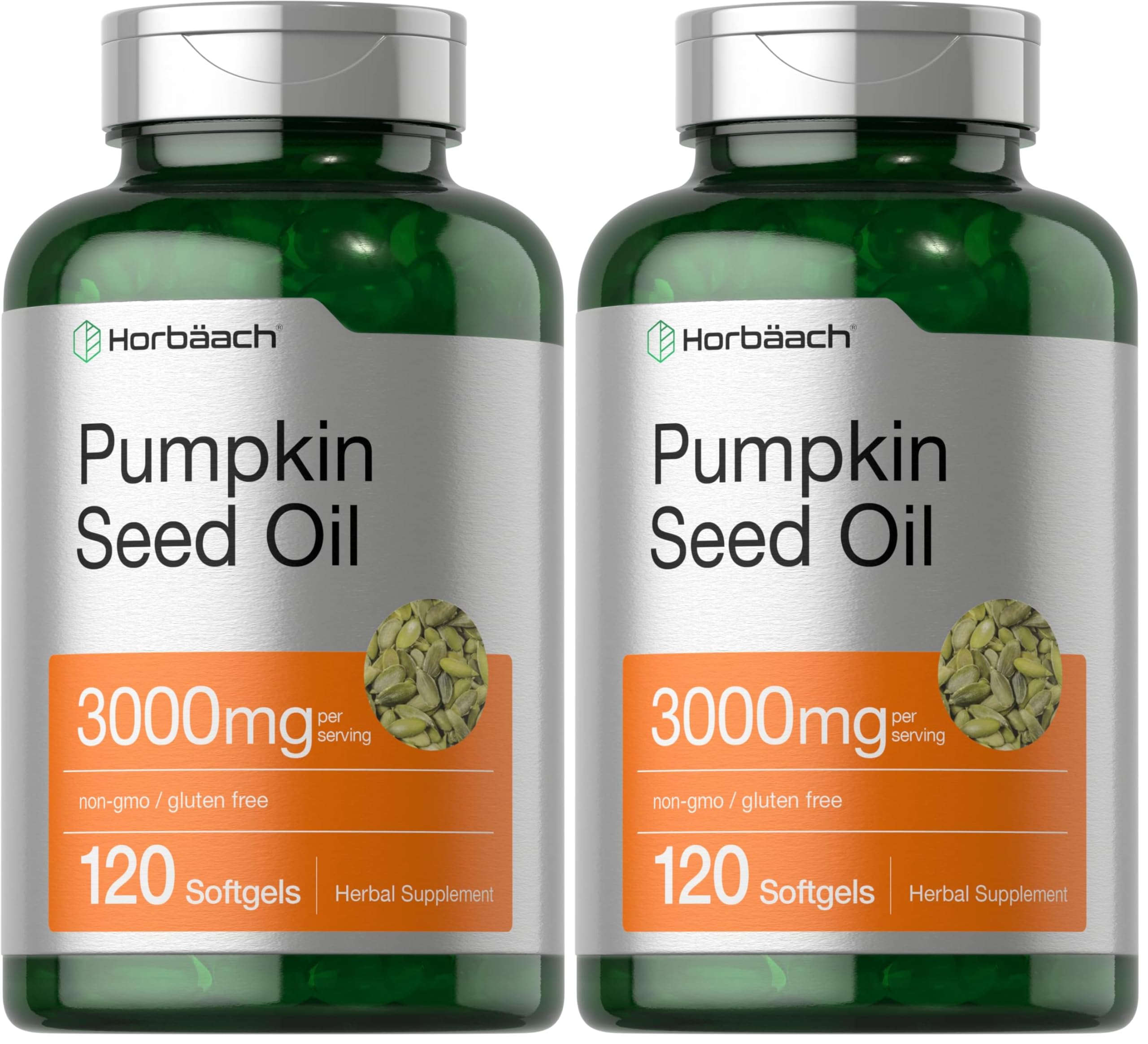 Horbäach Pumpkin Seed Oil bottle front—cold-pressed, non-GMO daily supplement.