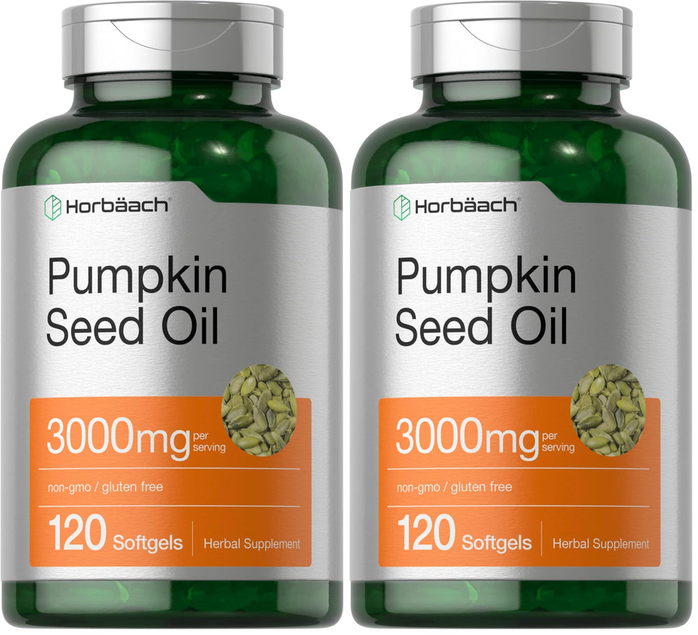 Horbäach Pumpkin Seed Oil bottle front—cold-pressed, non-GMO daily supplement.