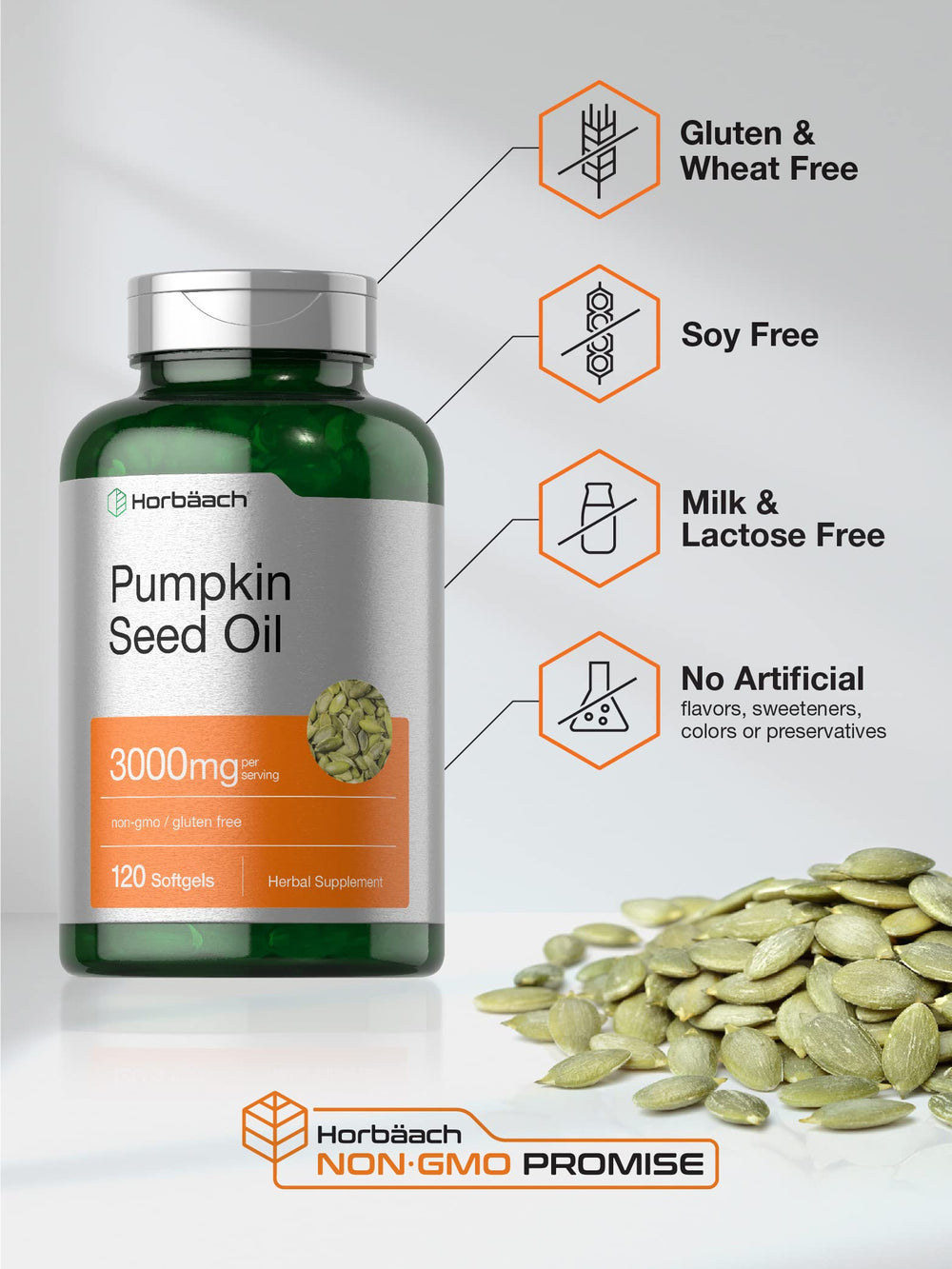 Pouring Horbaach pumpkin seed oil softgels demonstrates easy daily intake.