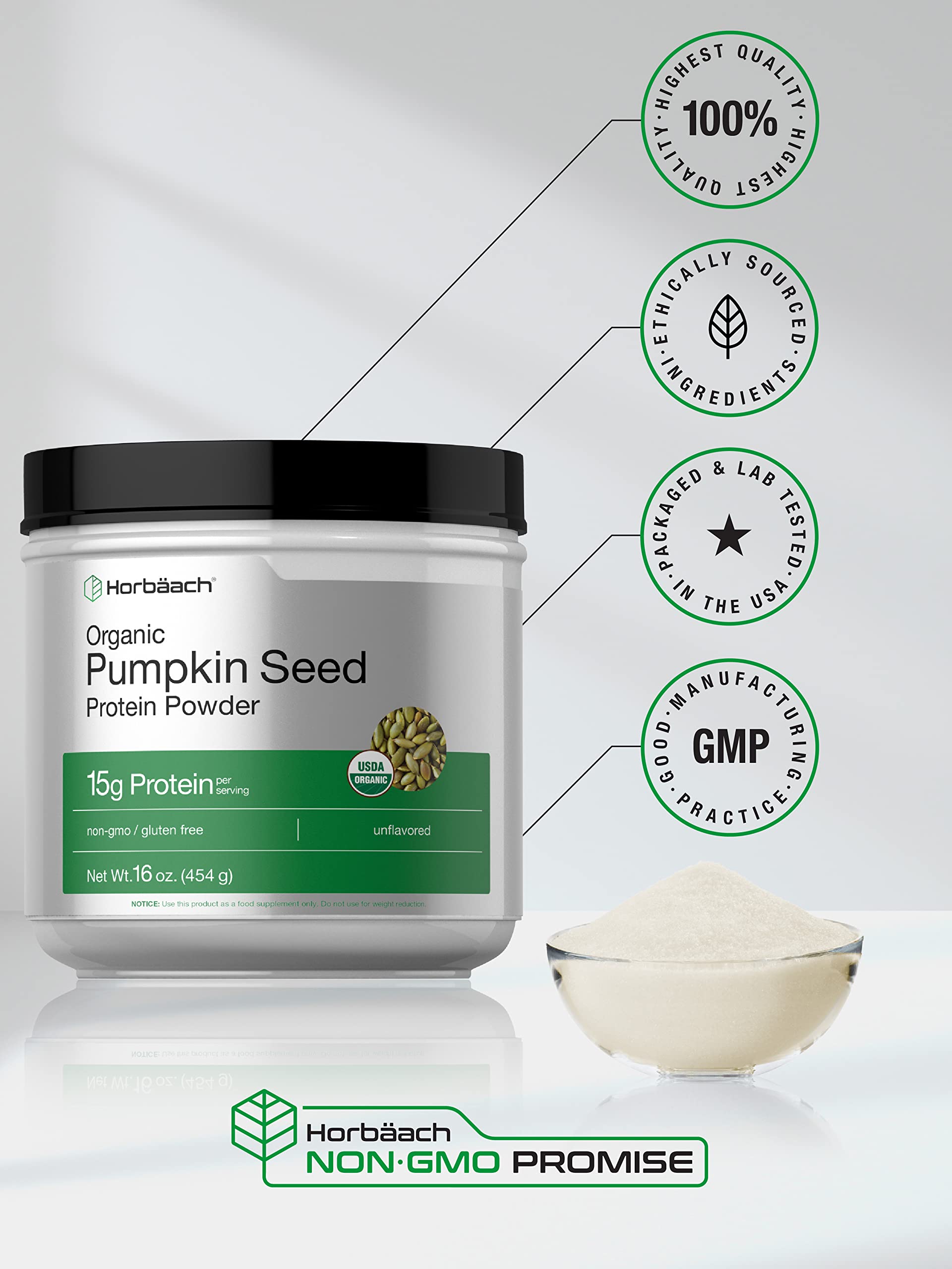 Horbäach pumpkin seed protein powder on kitchen counter ready for daily use.
