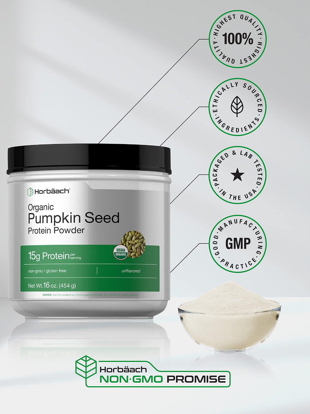 Horbäach pumpkin seed protein powder on kitchen counter ready for daily use.