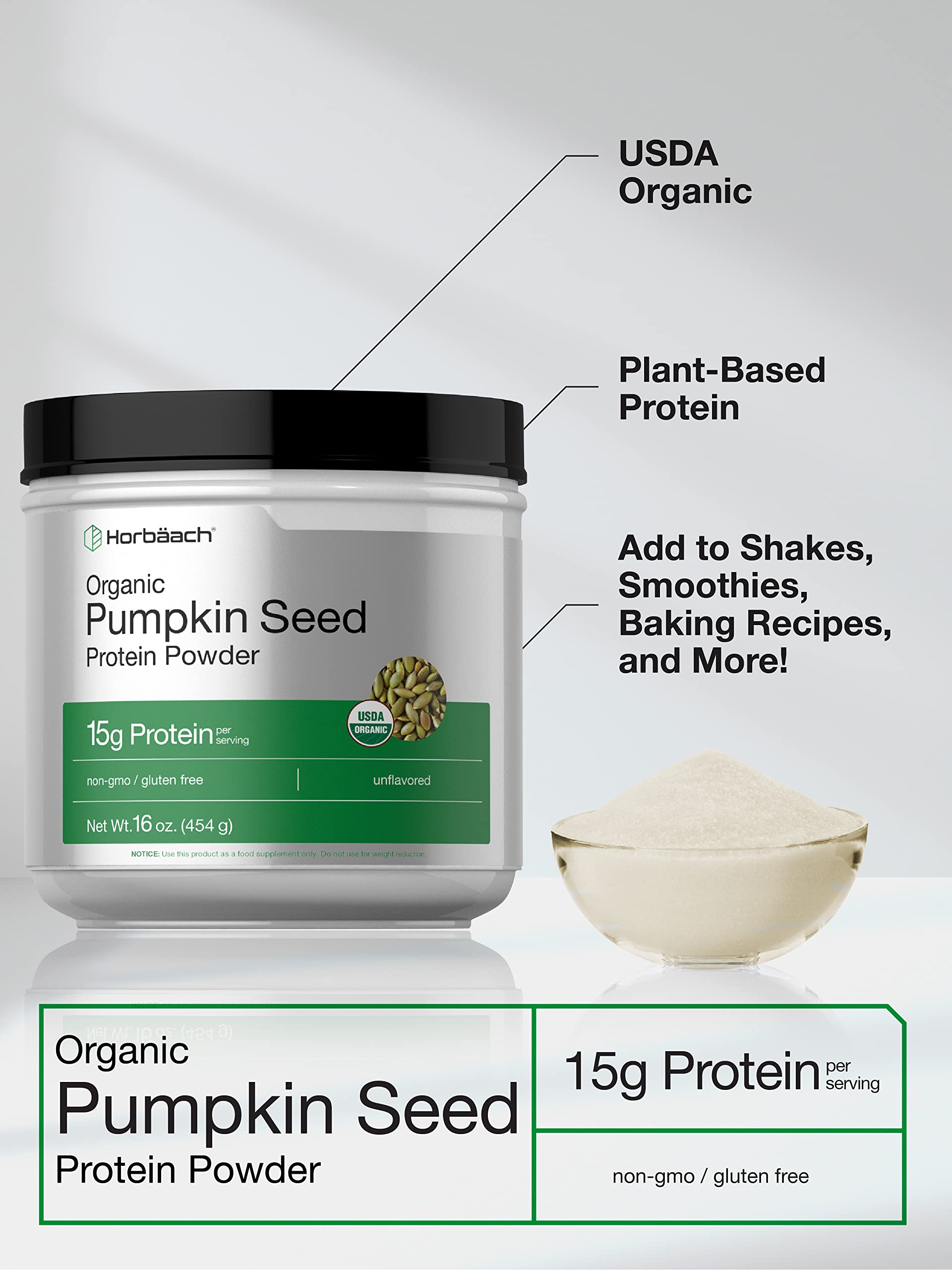 Horbäach pumpkin seed protein powder scoop dispenses evenly for smoothies.