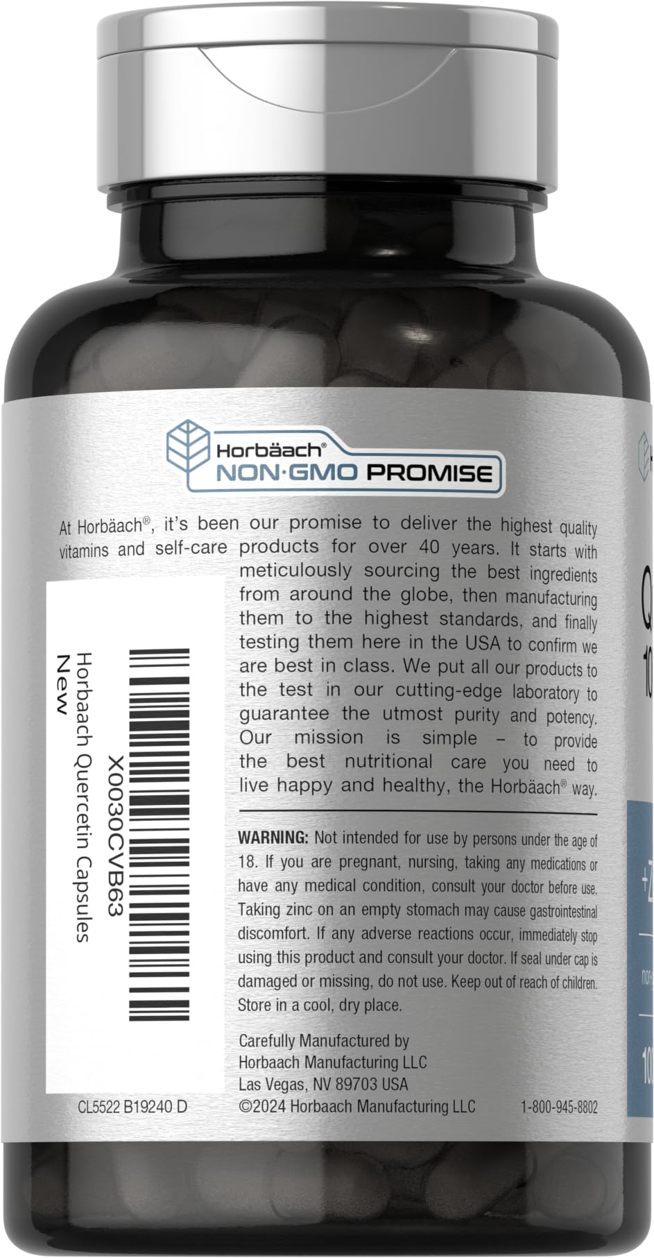 Label showing 100-count on Horbaach Quercetin bottle