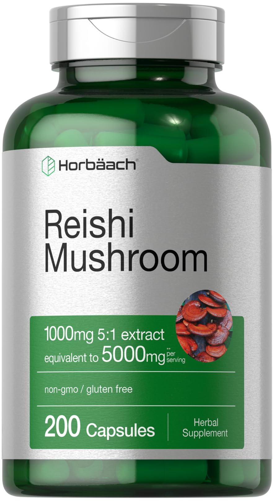 Horbaach Reishi Mushroom Capsules bottle – 200-count front view