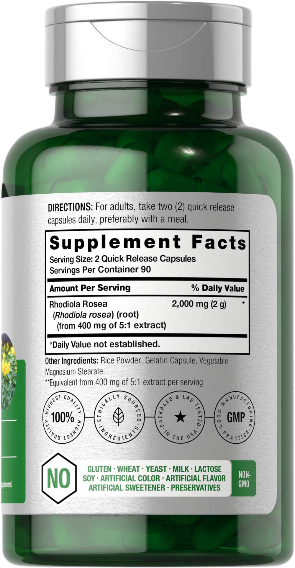 Close-up of Rhodiola Rosea 2000mg labeling on bottle