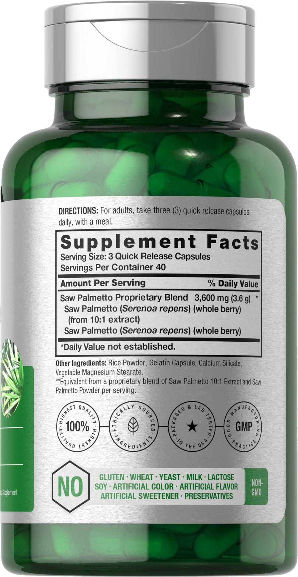Front label view of Horbaach Saw Palmetto Extract 120 capsules