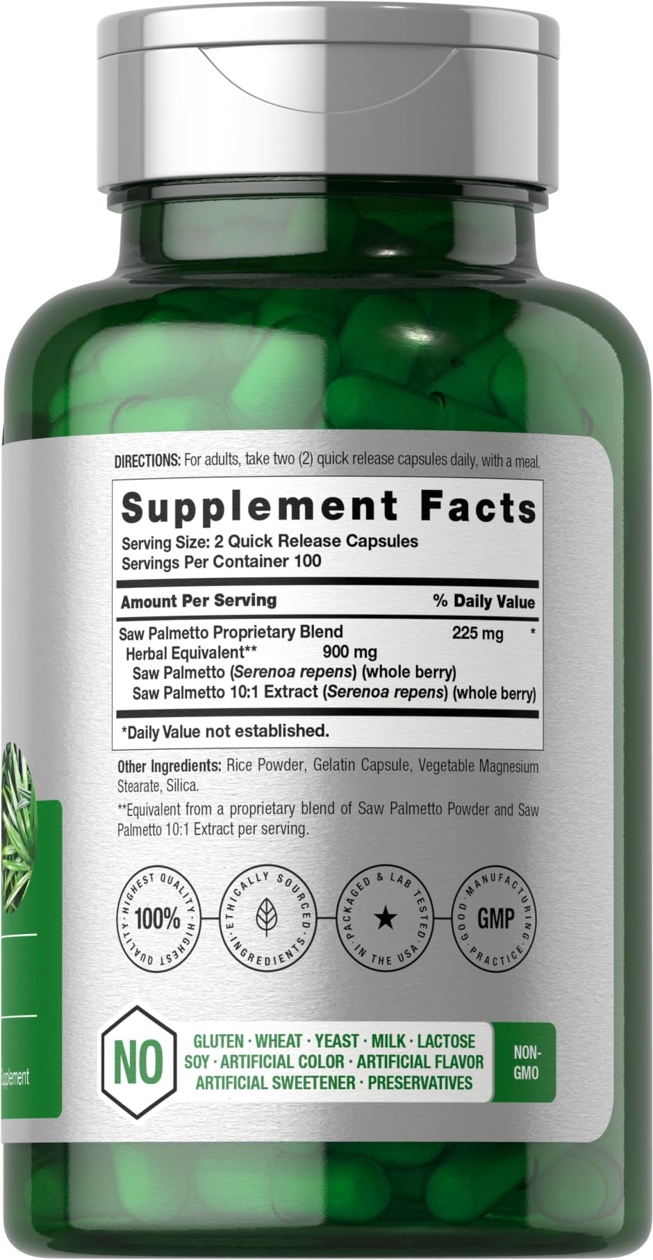 Close-up of Horbaach Saw Palmetto Extract 900mg capsules bottle