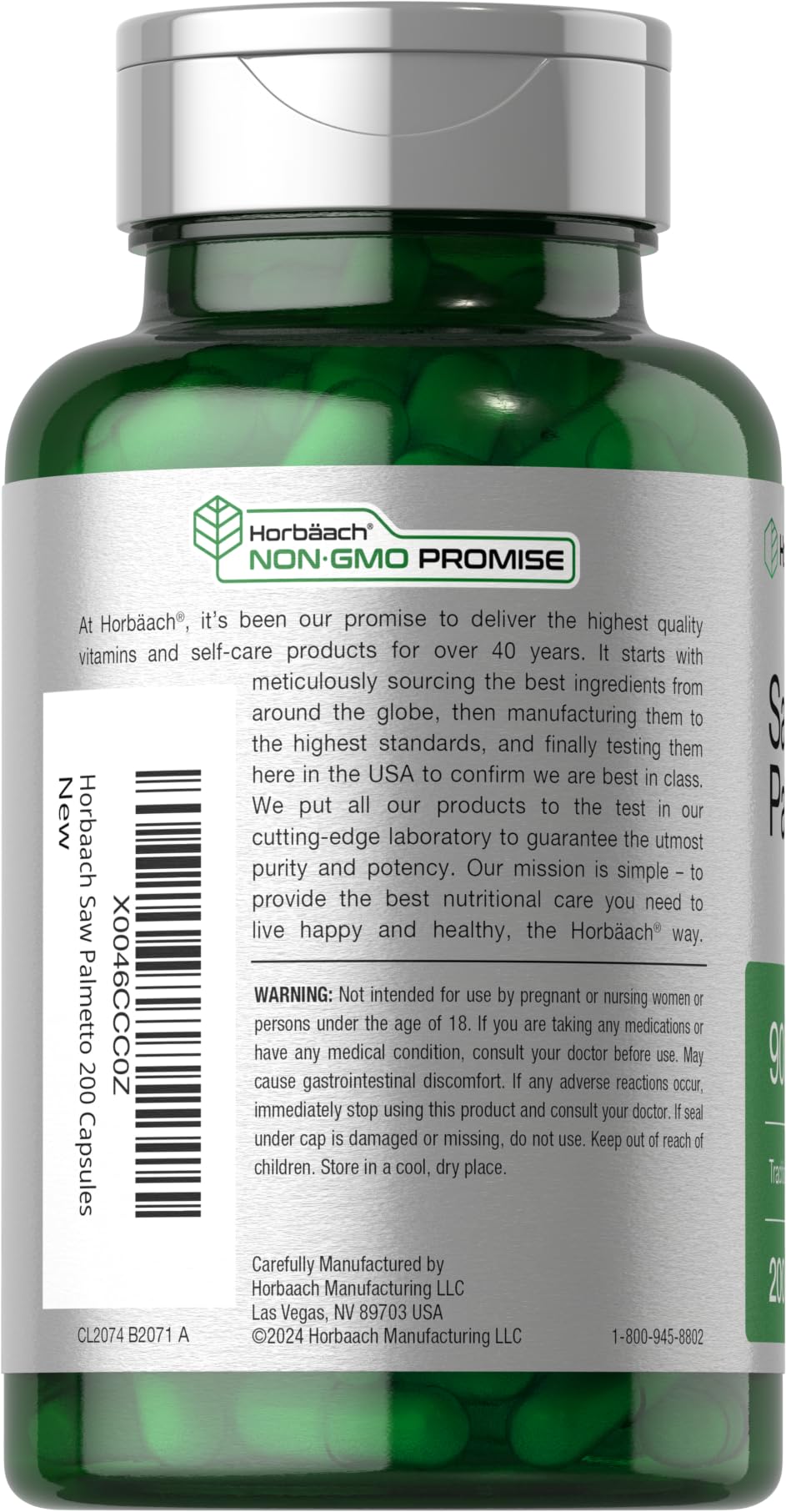 Horbaach Saw Palmetto Extract label showing Non-GMO and Gluten Free
