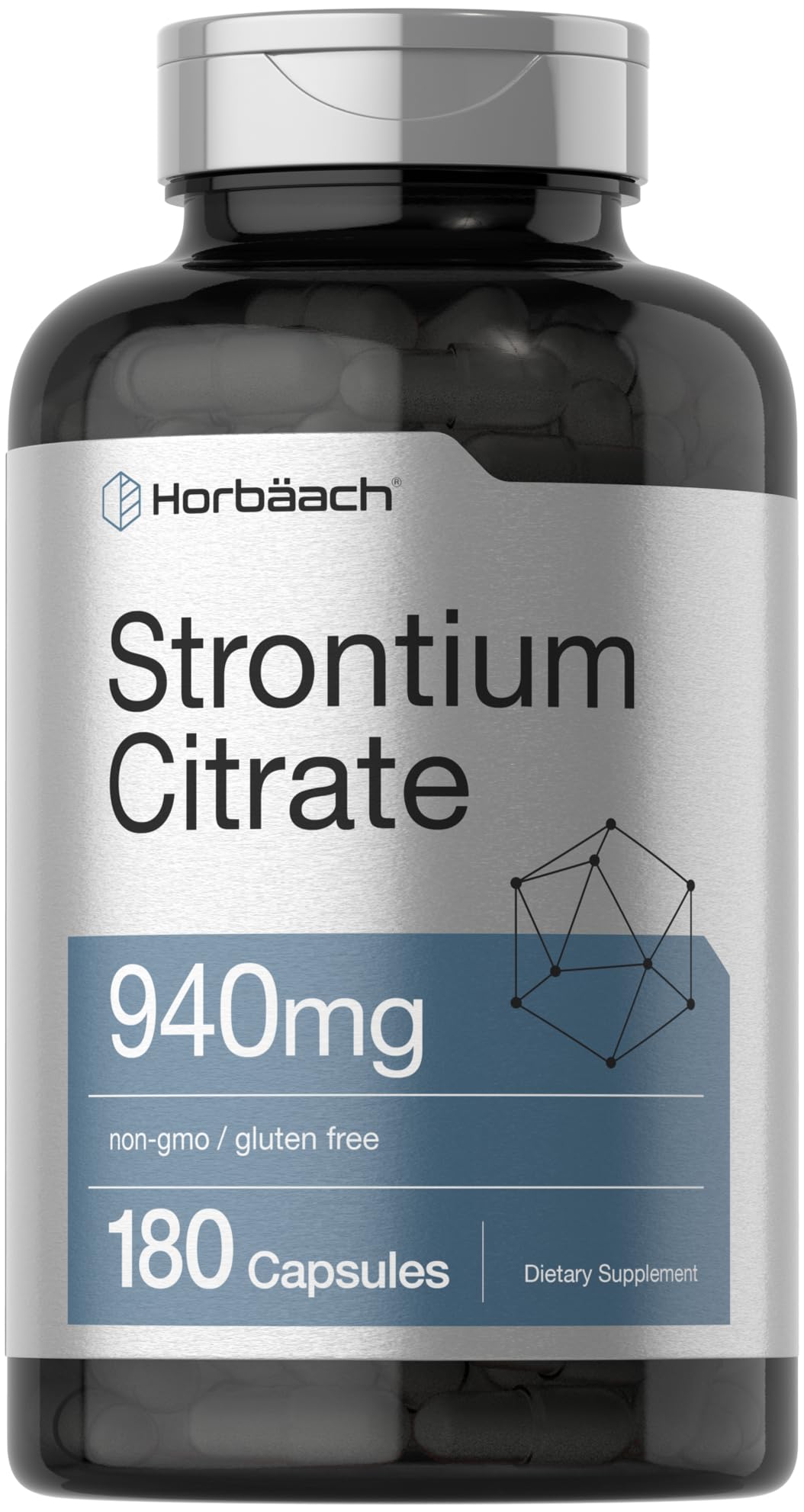 Horbäach Strontium Citrate 940 mg bottle containing 180 capsules