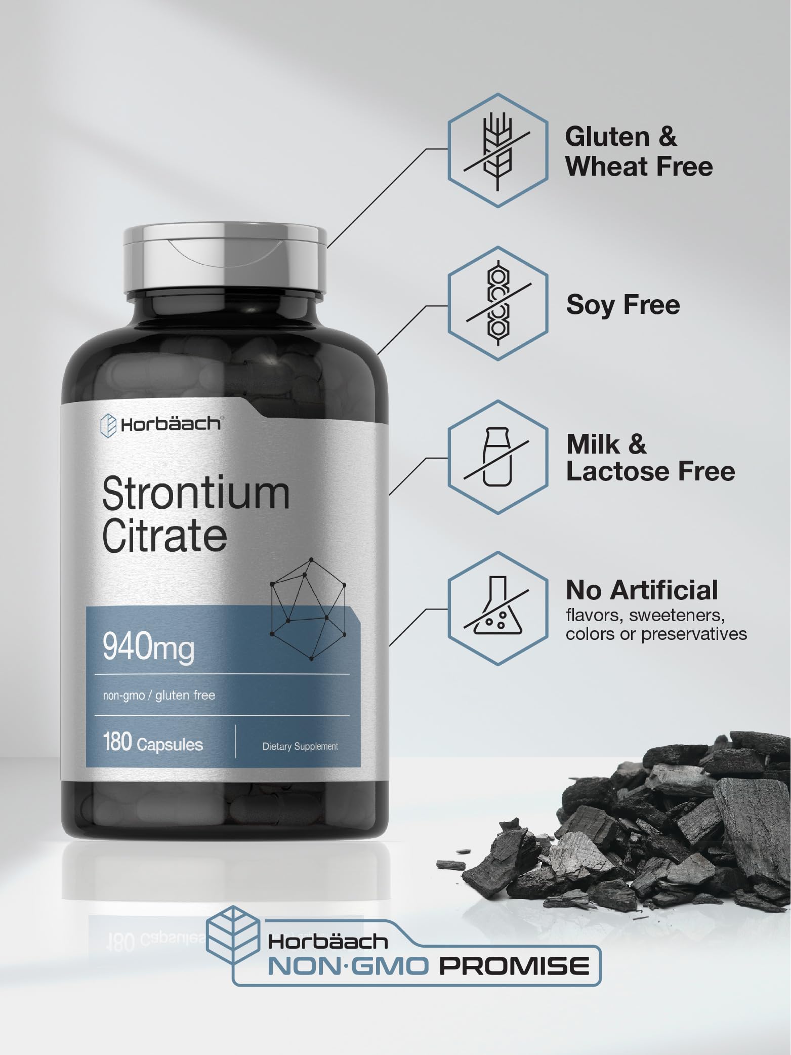 Serving size and dosage information on Horbäach Strontium Citrate bottle label