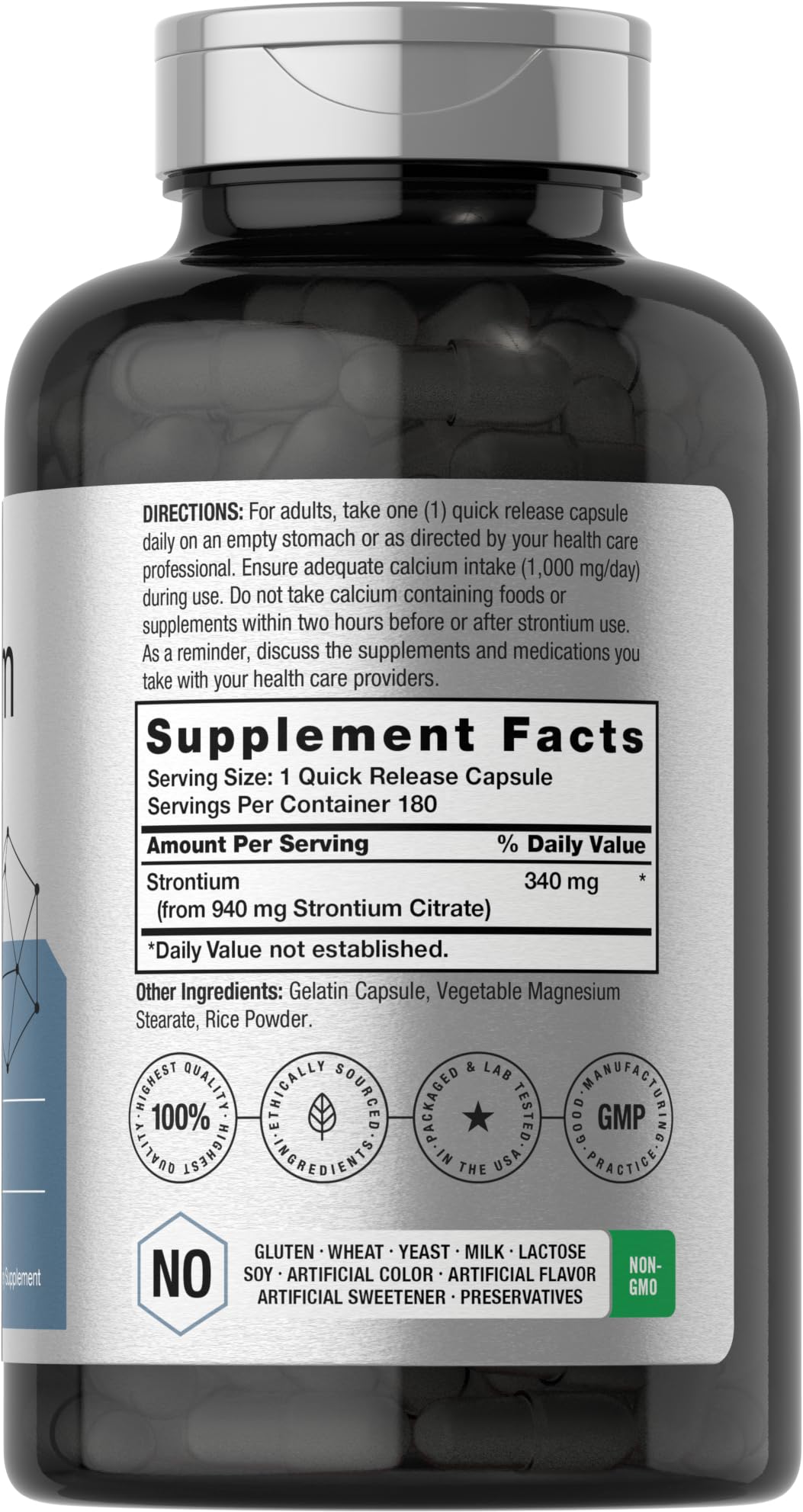 Close-up of Horbäach Strontium Citrate bottle label