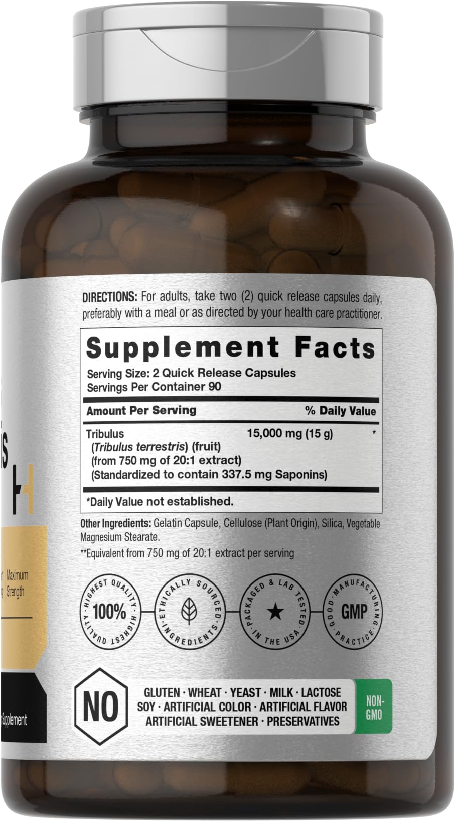 Close-up of Tribulus Terrestris capsules in bottle