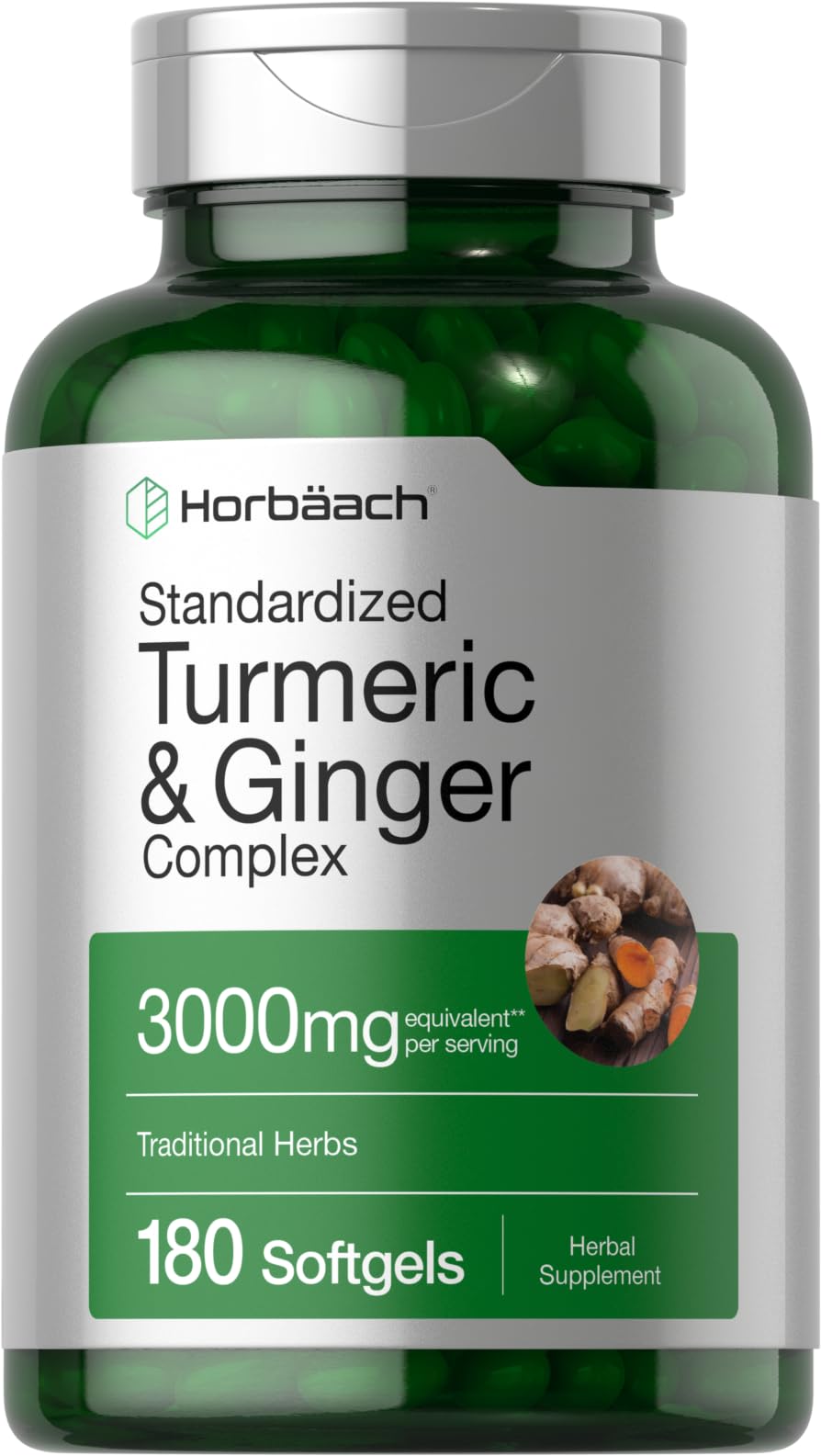 Bottle of Horbaach Turmeric & Ginger Softgels with label