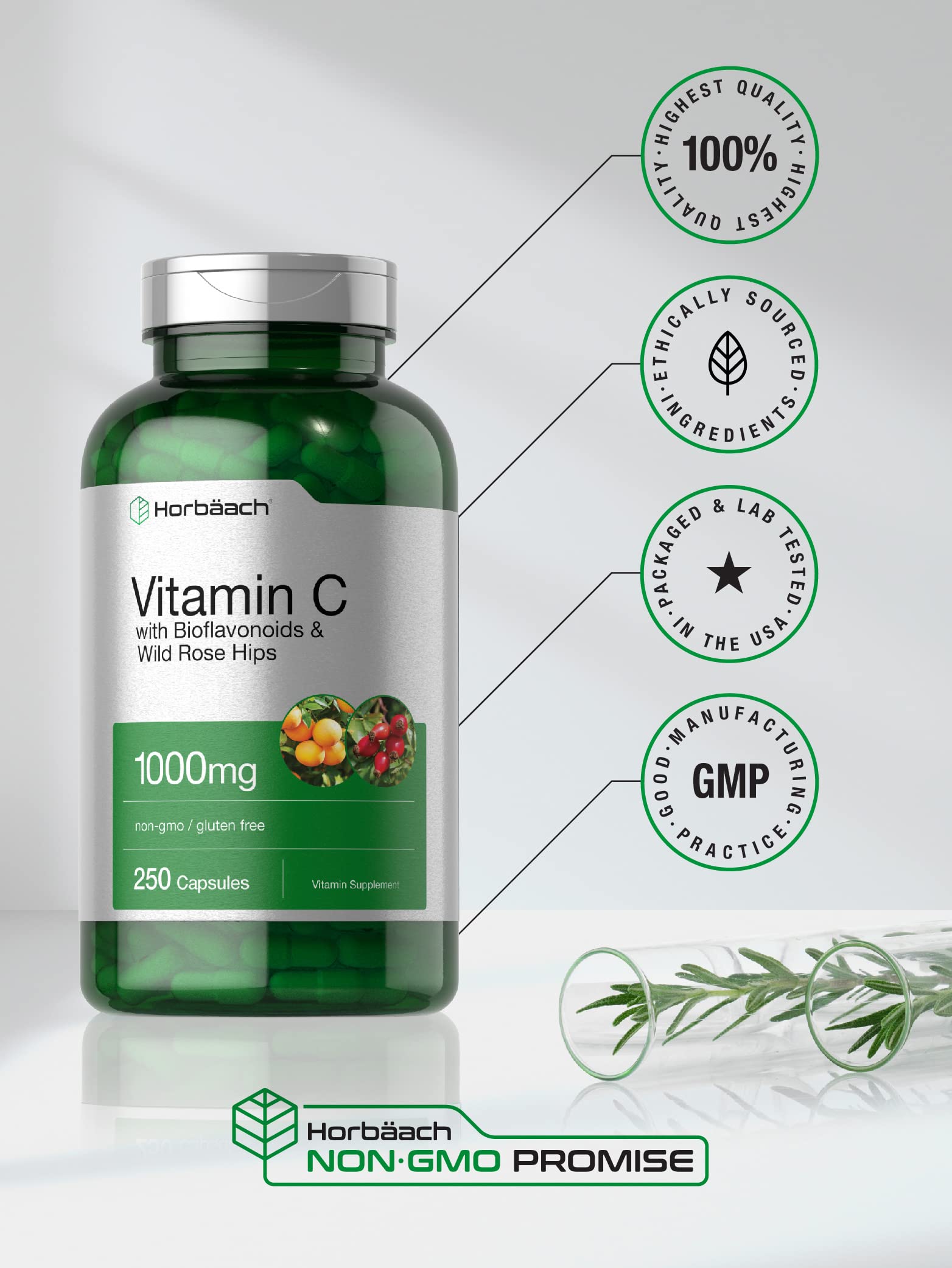 Non-GMO and gluten-free certification for Horbaach Vitamin C 1000mg
