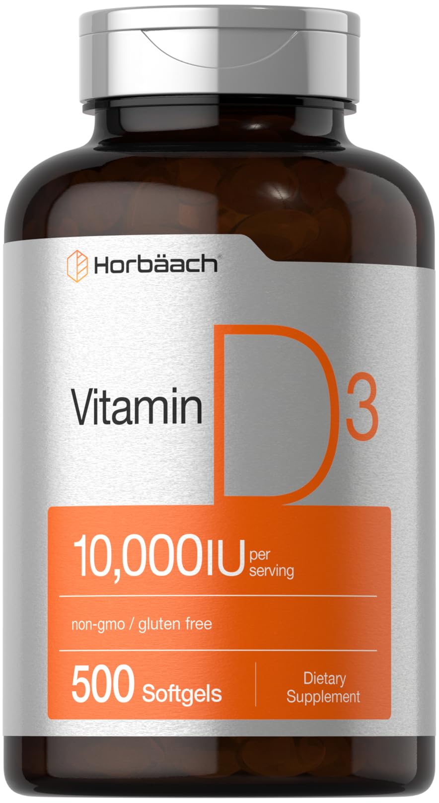 Bottle of Horbaach Vitamin D3 10000 IU 500 softgels