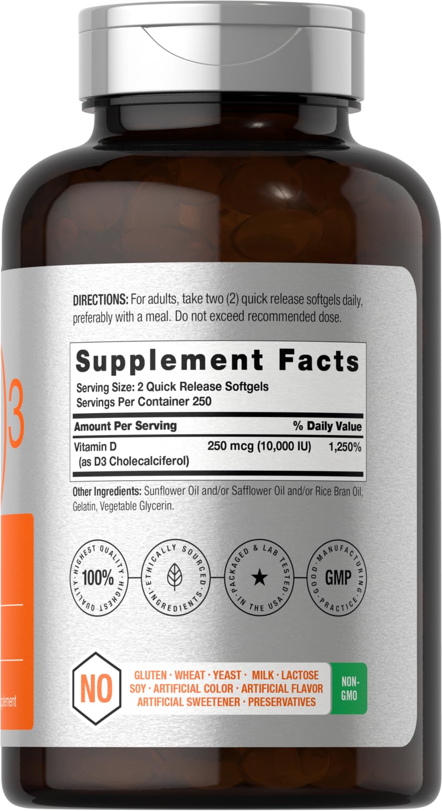 Close-up of Horbaach Vitamin D3 10000 IU label