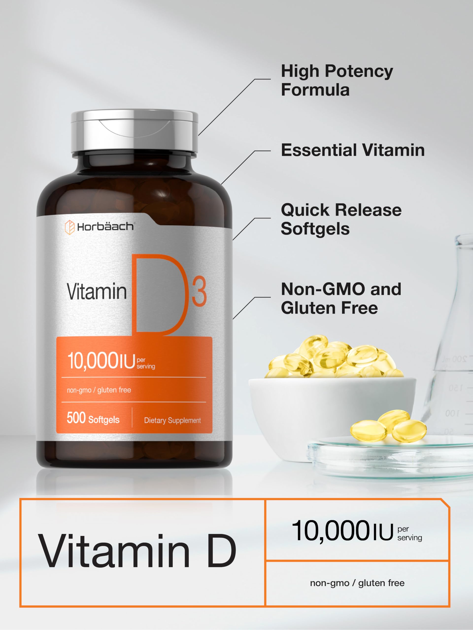 Non-GMO gluten-free Horbaach Vitamin D3 packaging