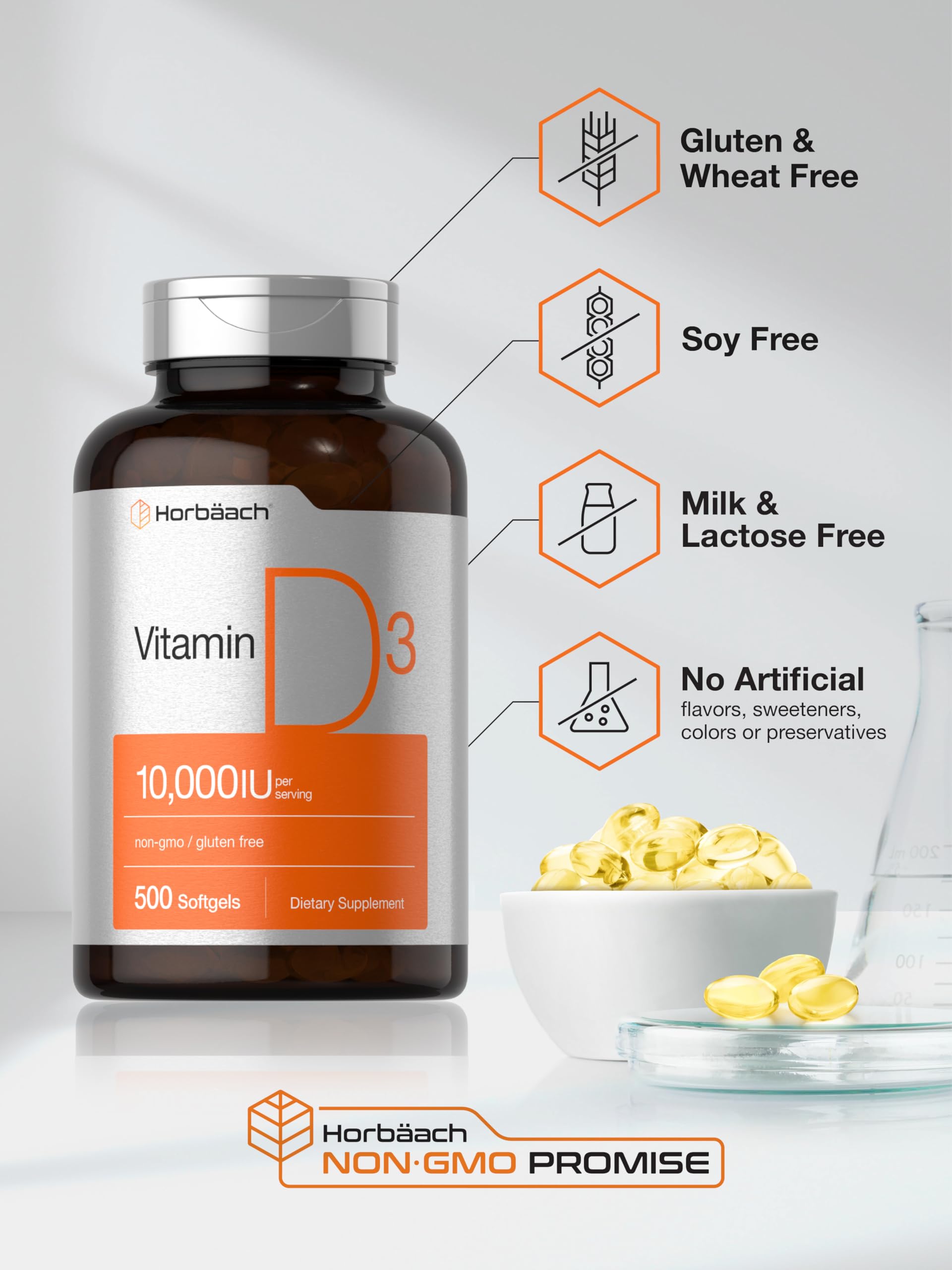 500 softgels bottle of Horbaach Vitamin D3