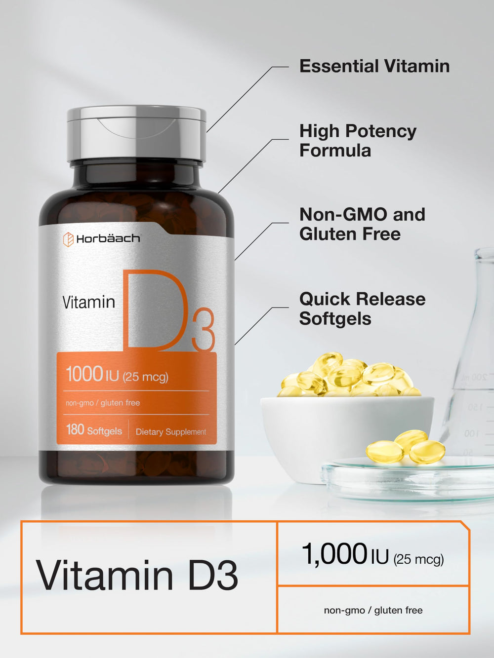 Daily value chart for Horbäach Vitamin D3 1000IU softgels
