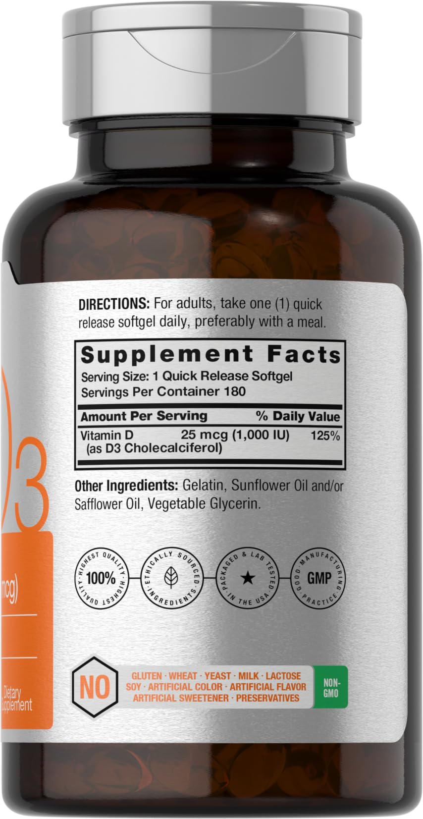 Close-up label of Horbäach Vitamin D3 1000IU softgels