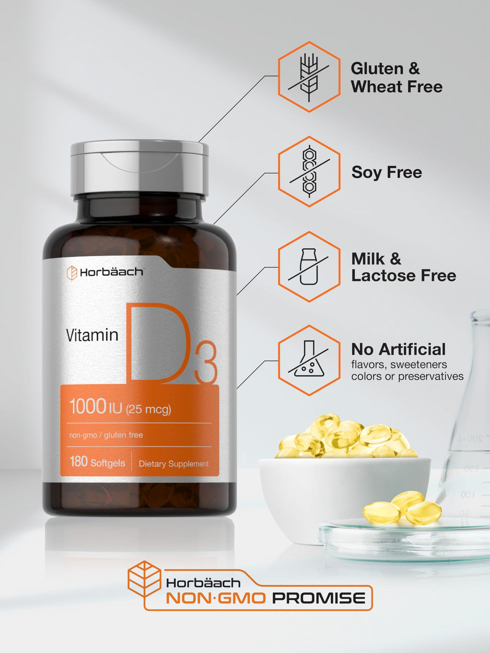 Non-GMO and gluten-free icons for Horbäach Vitamin D3 softgels