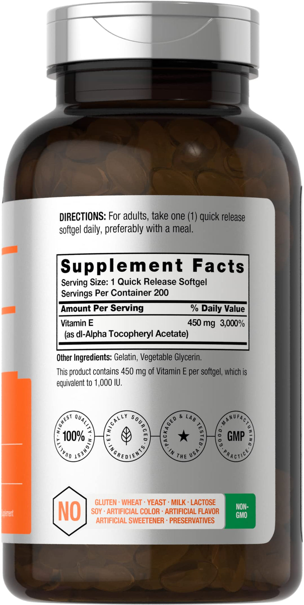Close-up of Vitamin E 1000 IU softgels