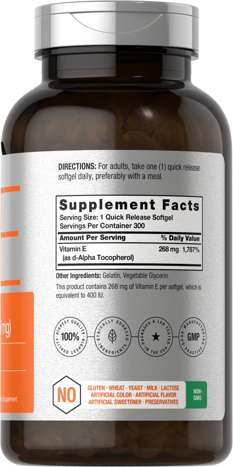 Close-up of Horbaach Vitamin E softgels bottle