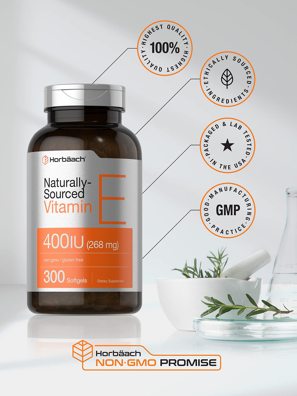 Supplement facts panel of Horbaach Vitamin E Softgels