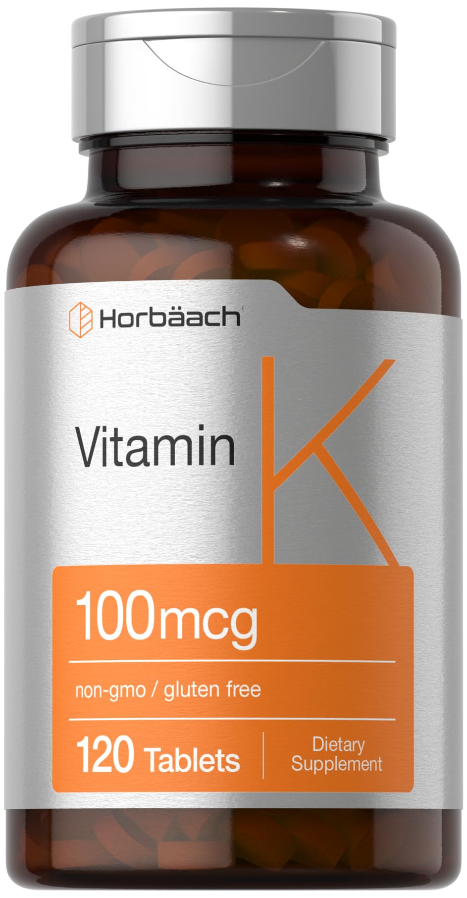 Horbäach Vitamin K supplement bottle with 100 mcg per tablet, vegetarian, non-GMO and gluten-free