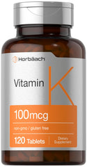 Horbäach Vitamin K supplement bottle with 100 mcg per tablet, vegetarian, non-GMO and gluten-free
