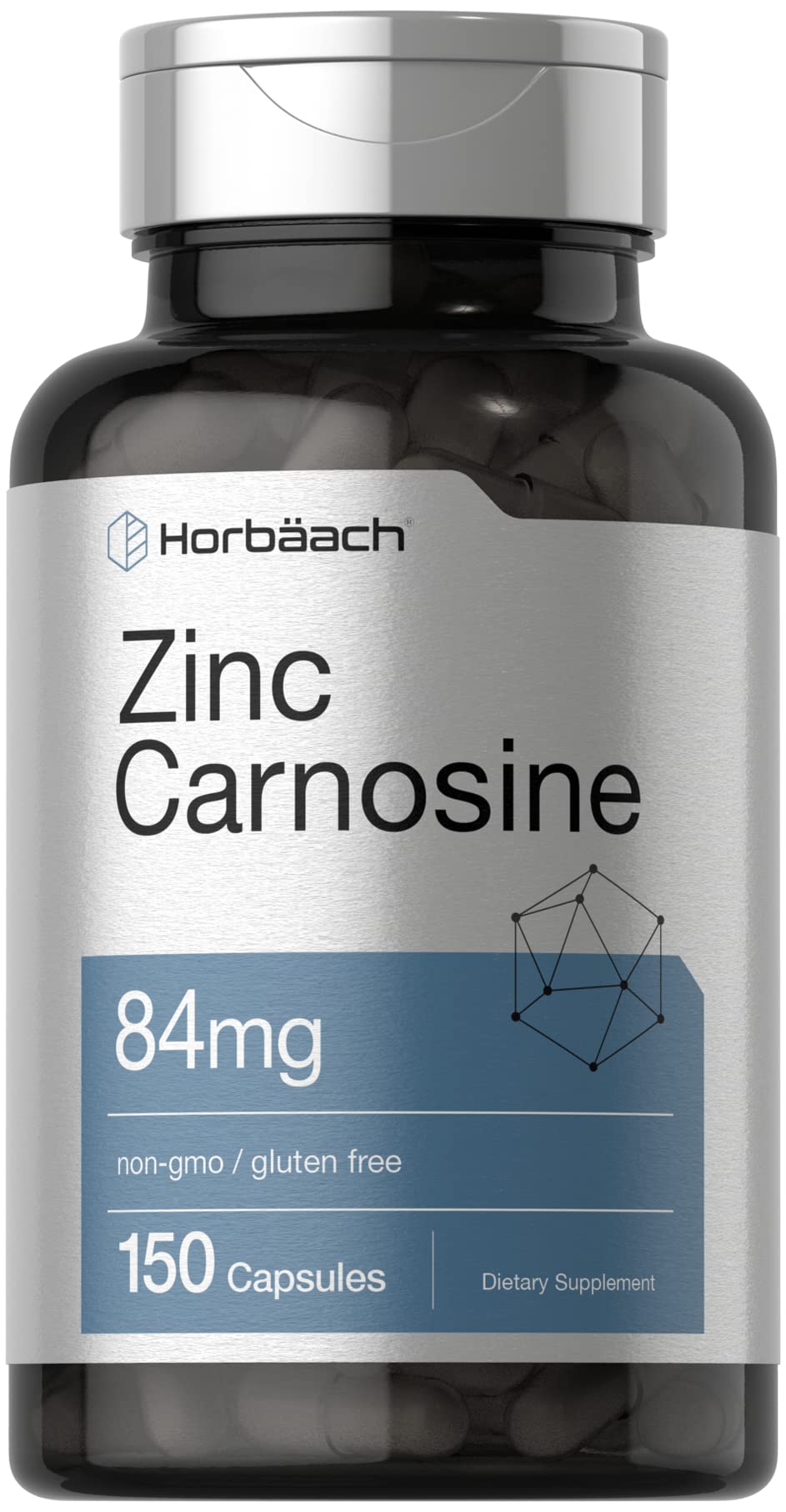 Bottle of Horbaach Zinc Carnosine Supplement 84 mg per capsule