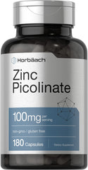 Front view of Horbäach Zinc Picolinate 100mg bottle with 180 capsules