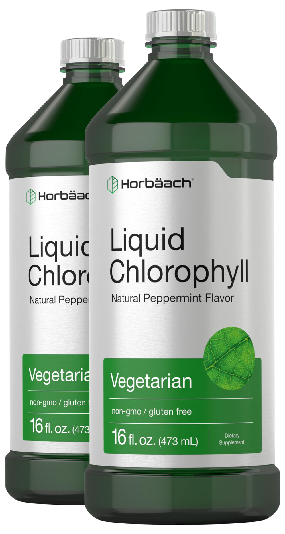 Horbäach Chlorophyll Liquid Drops bottle label 100 mg per Tbsp, 32 oz total in two 16 oz bottles