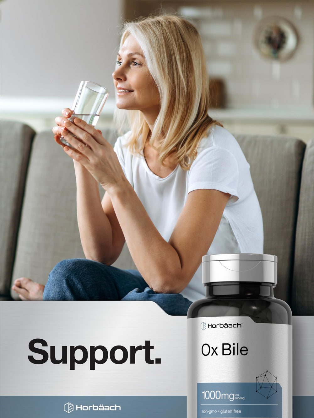 Lifestyle image of Horbäach Ox Bile Supplement bottle on a table