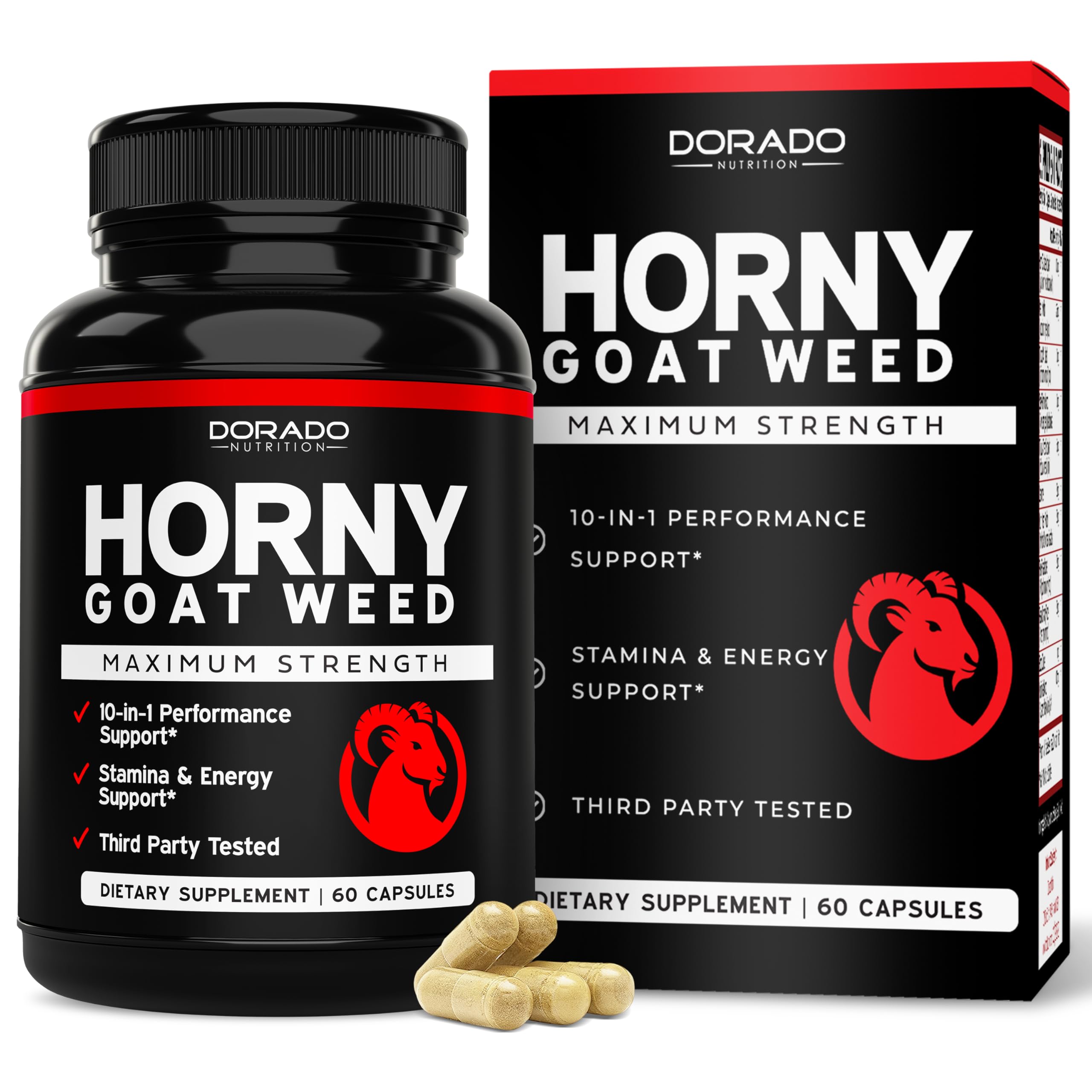 Front view of Horny Goat Weed supplement bottle - 60 count USA made
