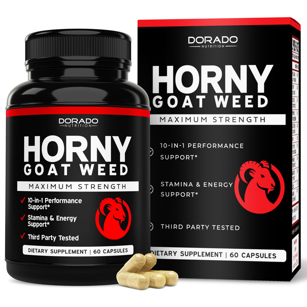 Front view of Horny Goat Weed supplement bottle - 60 count USA made