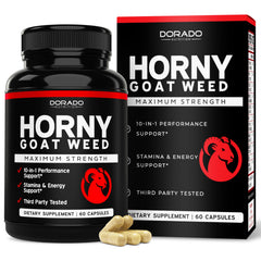 Front view of Horny Goat Weed supplement bottle - 60 count USA made