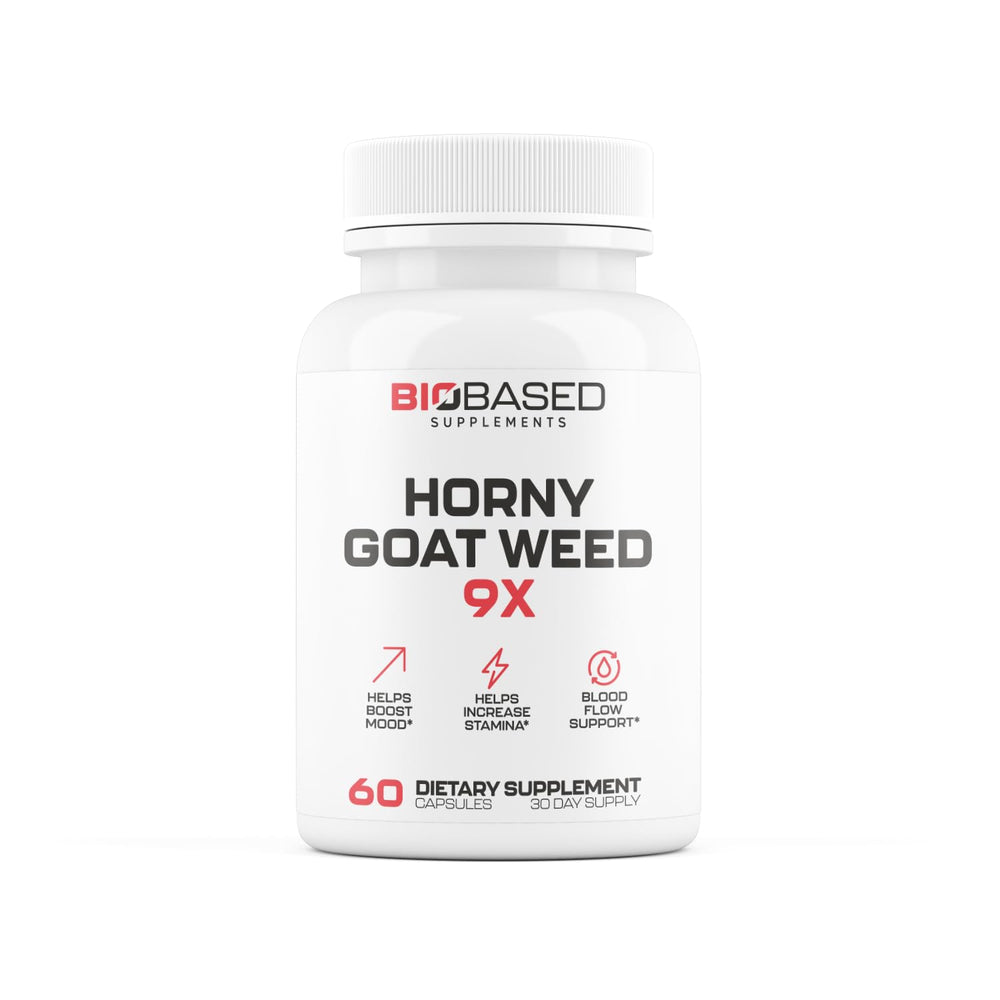 Horny Goat Weed supplement bottle with 9-ingredient formula