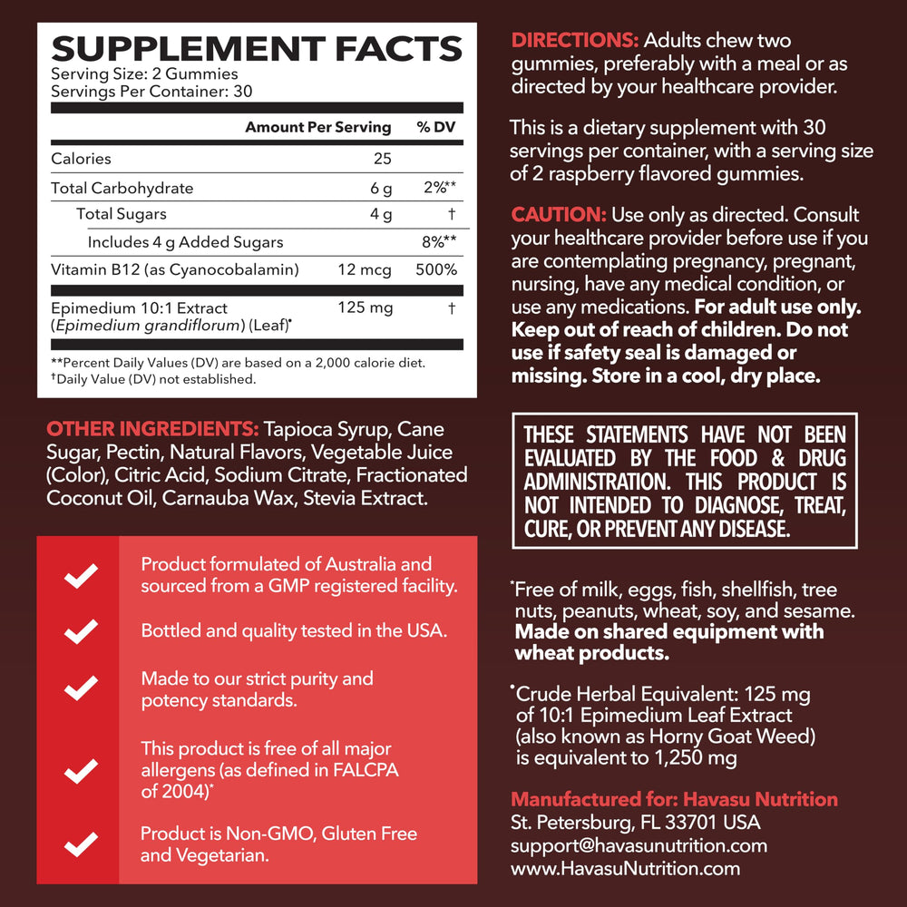 Close-up of raspberry-flavored Horny Goat Weed Gummies with Vitamin B12