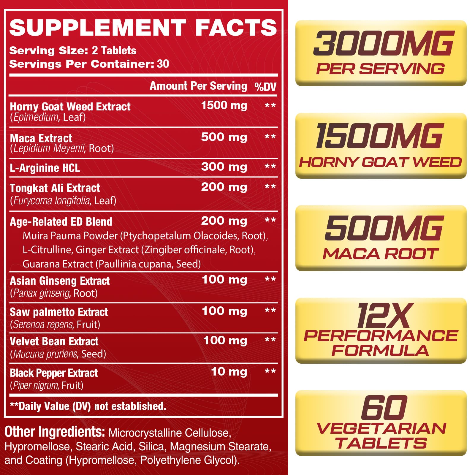 12-in-1 formula ingredients: horny goat weed, maca root, panax ginseng