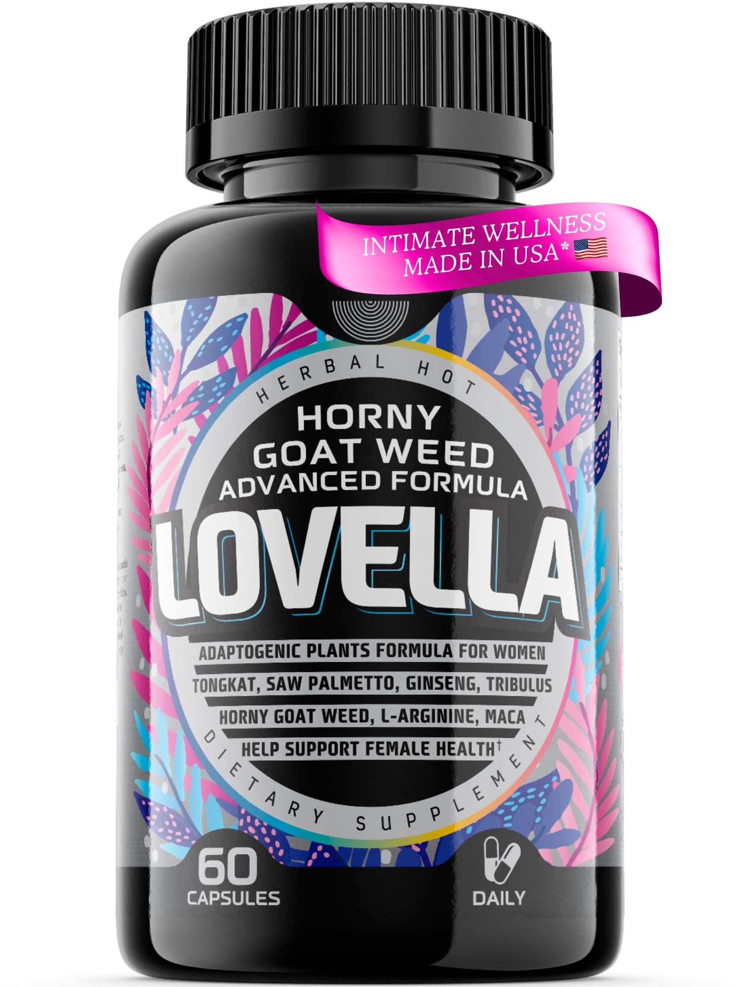 Bottle of Horny Goat Weed Women capsules with Maca and herbs.