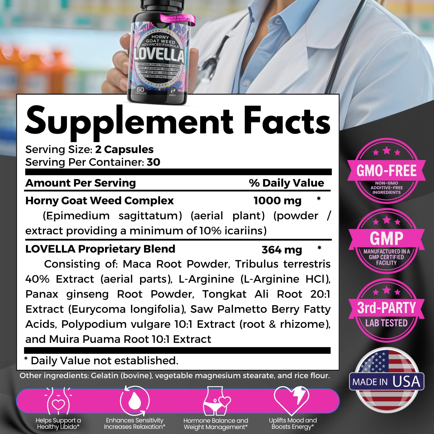 Close-up of Horny Goat Weed Women capsules.