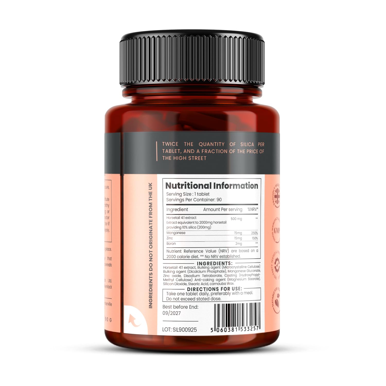 Close-up of Horsetail extract tablet at 500mg per tablet
