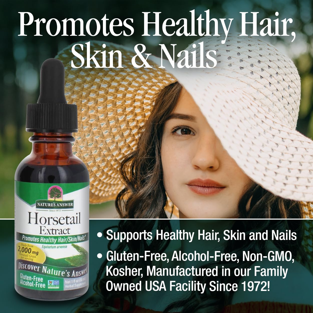 Horsetail liquid visual hints at fast absorption compared to pills.