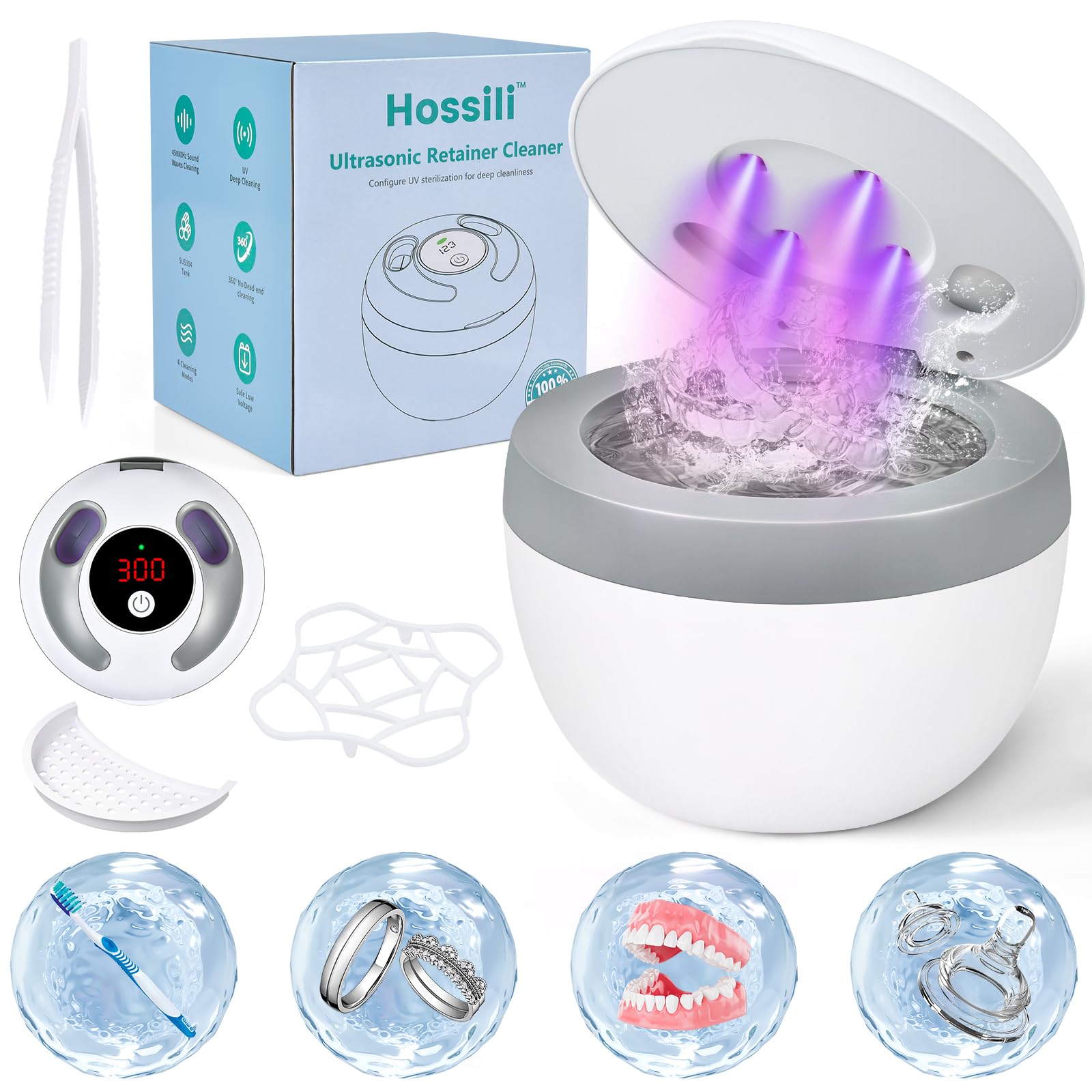 Hossili Ultrasonic Retainer Cleaner Machine front view in white