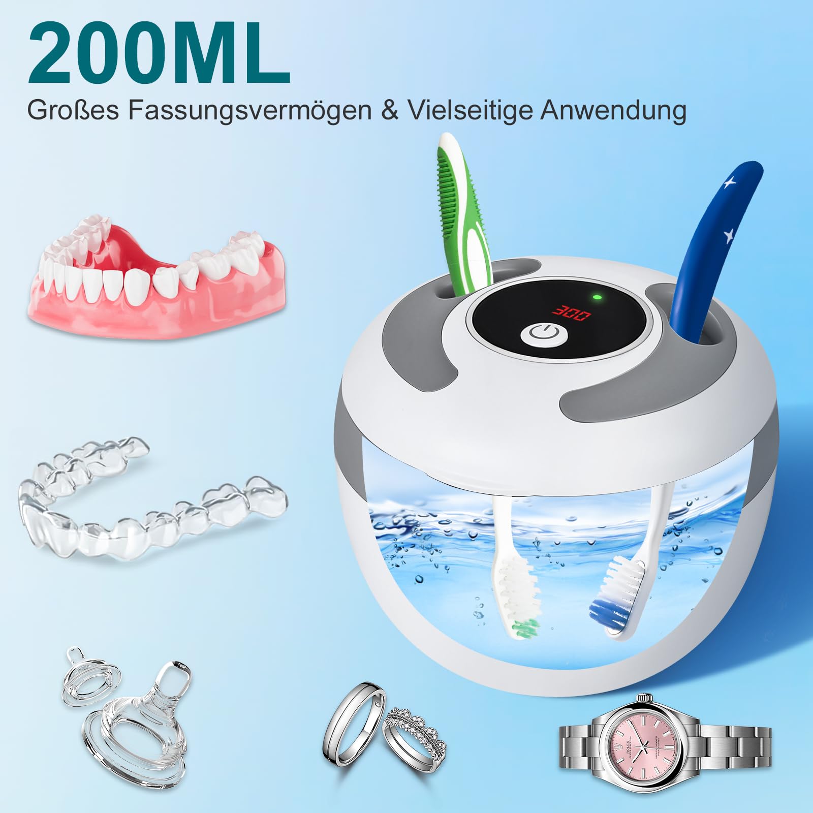 Aligners and braces being cleaned in the unit
