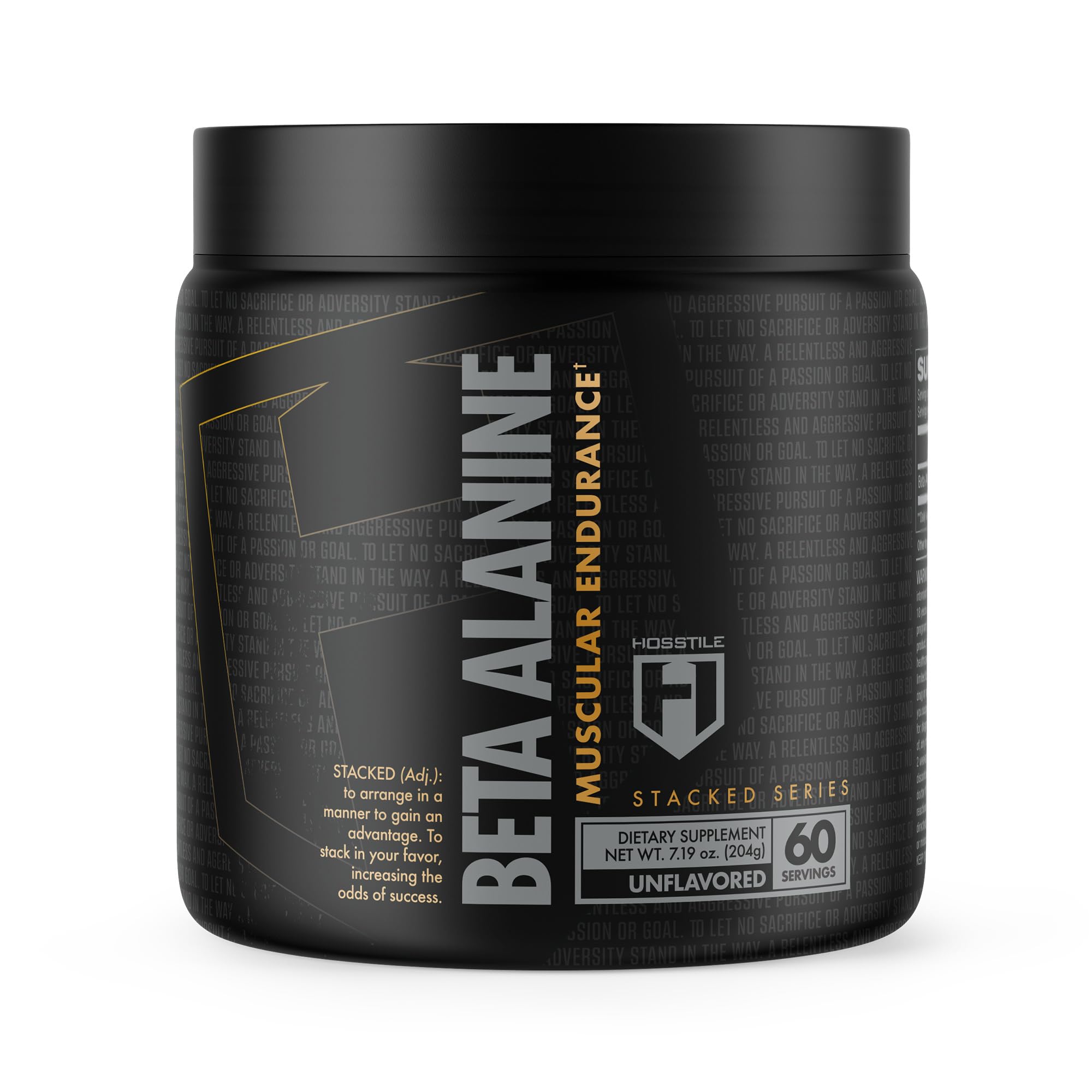 HOSSTILE Beta-Alanine powder bottle shows a clean formula supporting muscular endurance during hard workouts