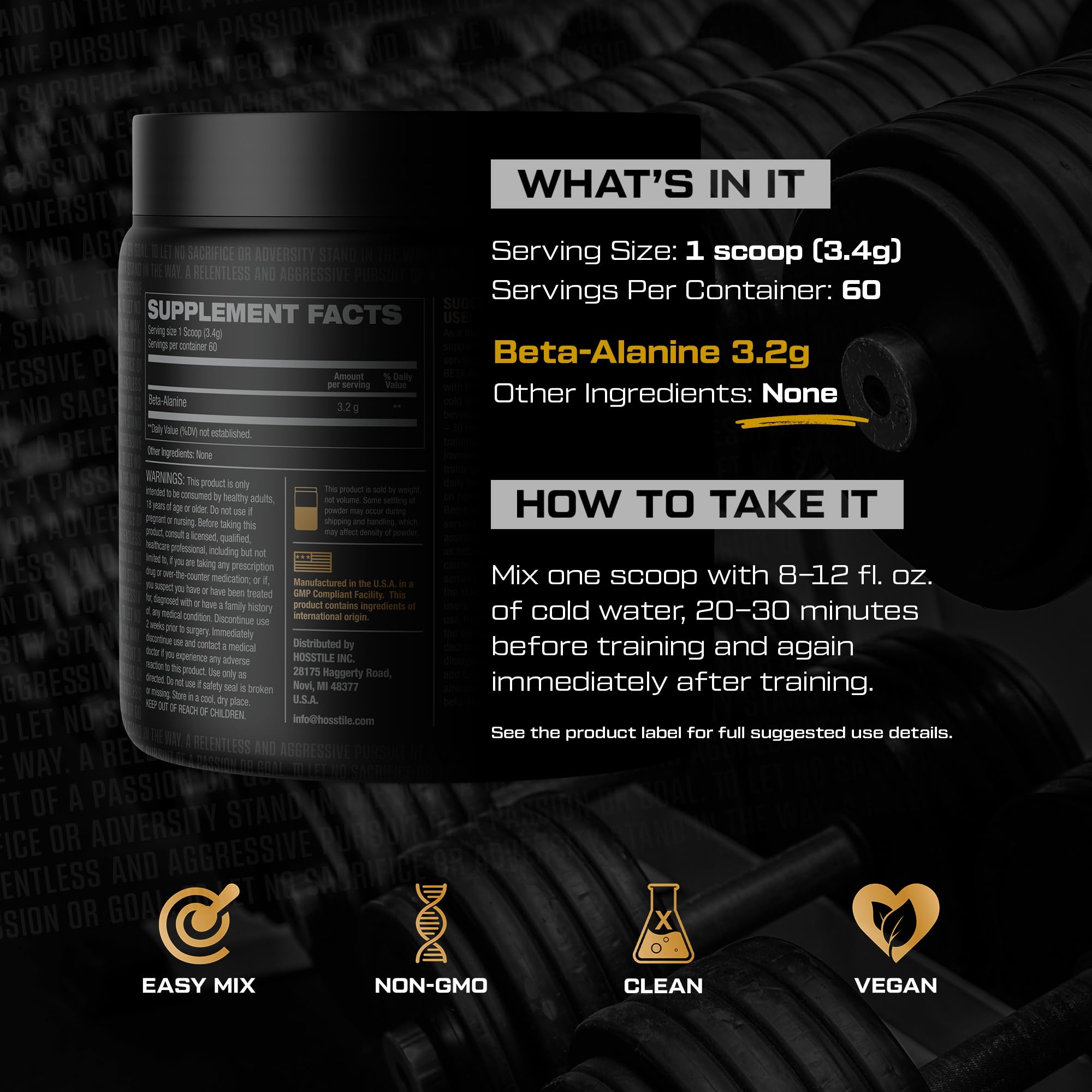 HOSSTILE Beta-Alanine powder label emphasizes clean, non-GMO formulation for clean fueling