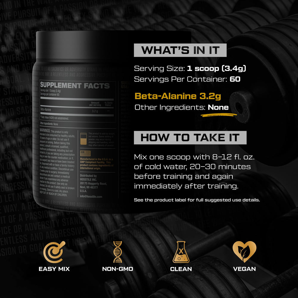 HOSSTILE Beta-Alanine powder label emphasizes clean, non-GMO formulation for clean fueling